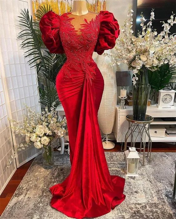 Mega Sale elegant evening dressLuxury Red Mermaid Prom Dresses Lace Beaded Sheer Neck Evening Dress Formal Party Wear Y02