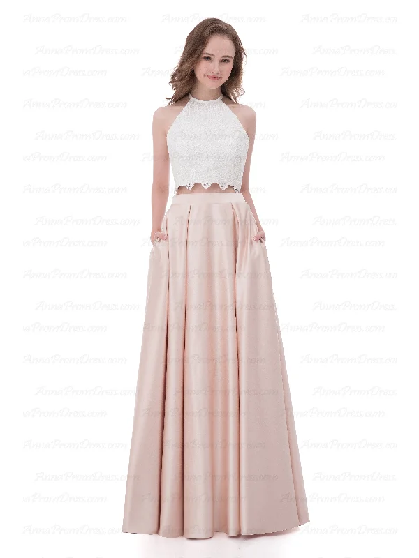 Markdowns Two Piece Prom Dresses A-line Floor-length Satin Ivory Sexy Lace Prom Dress AX002