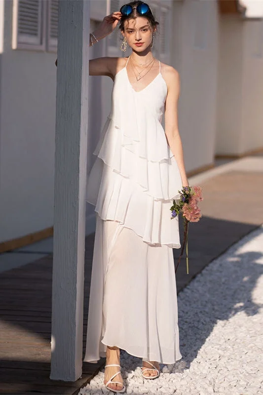 Price Smash backless dressHalter White Tiered Chiffon Maxi Dress