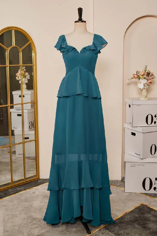 Bargain Bin denim dressTeal Flaunt Sleeves Ruffled Layers A-line Long Bridesmaid Dress