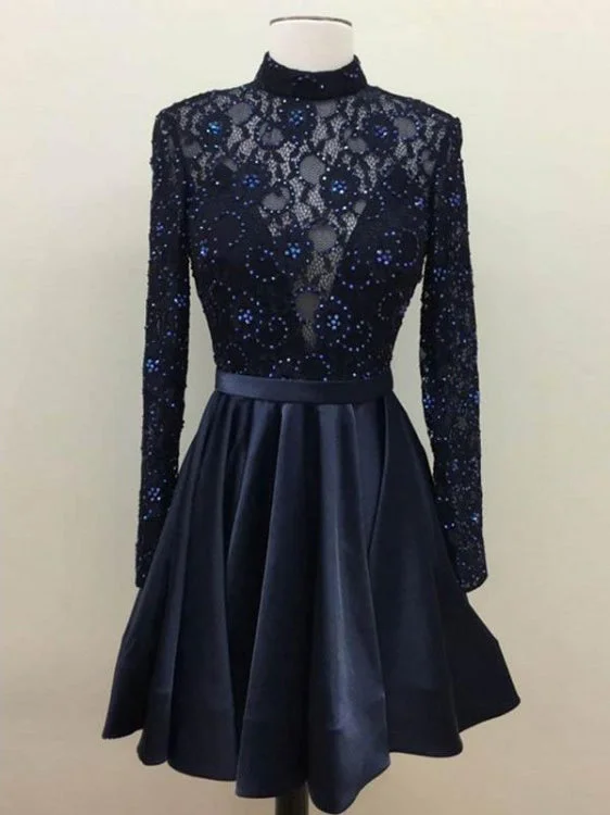 Bargain Bin Long Sleeve Homecoming Dresses Lace Rhinestone Short Prom Dress Party Dress JK671