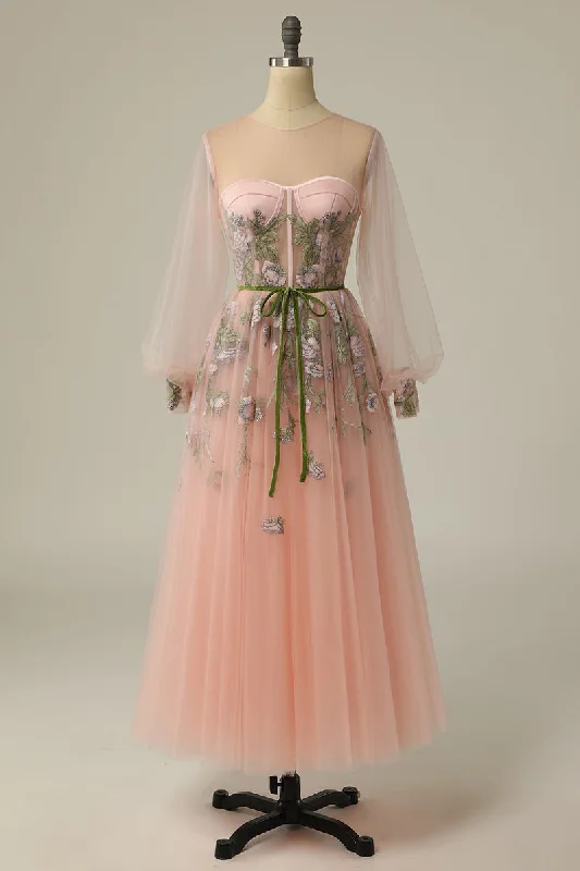 Exclusive Savings wrap-around dressBlushing Pink A-line Strapless Embroidered Tulle Ankle Length Prom Dress