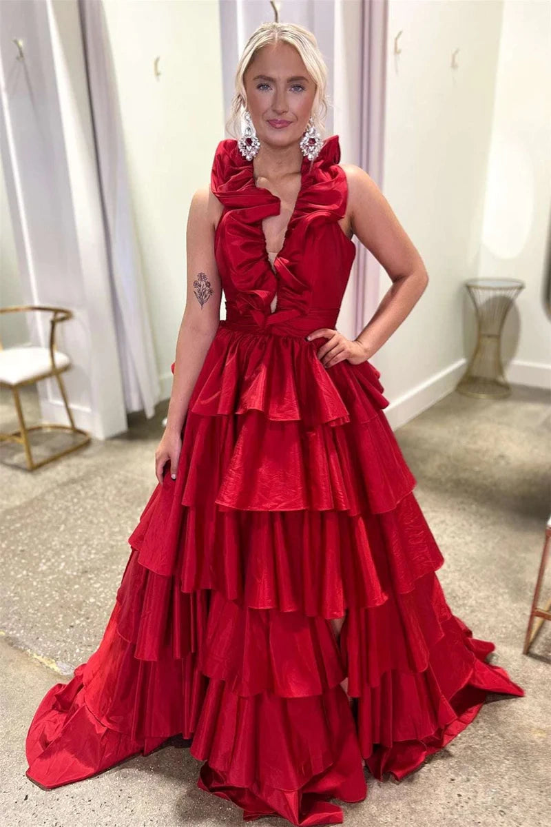 Super Savings fitted bodycon dressChic Satin A-Line V-Neck Halter Sleeveless Tiered Prom Dress
