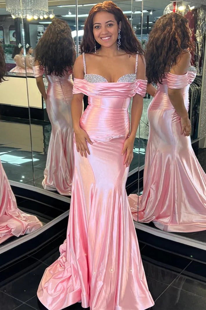 Huge Discounts cocktail party dressSatin Trumpet Off-Shoulder Beaded With Train Prom Dress