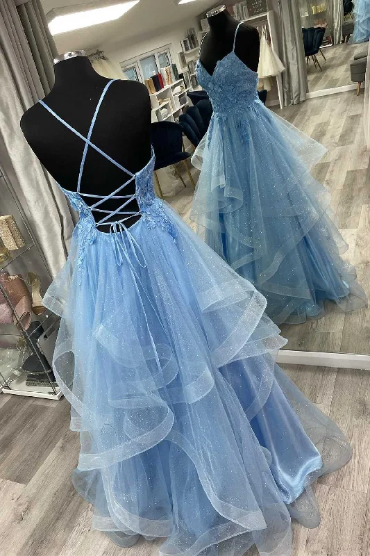 Closeout satin dressBlue Floral Appliques Lace-Up Tiered A-Line Prom Dress Y4218
