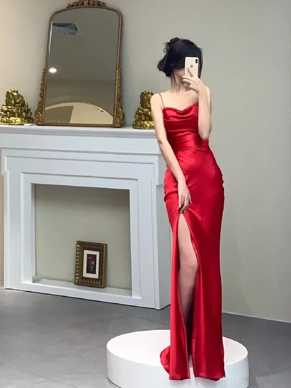 New Deals casual day dressSexy Red Spaghetti Straps Long Prom Dress With Split,Red Formal Gown Y4576