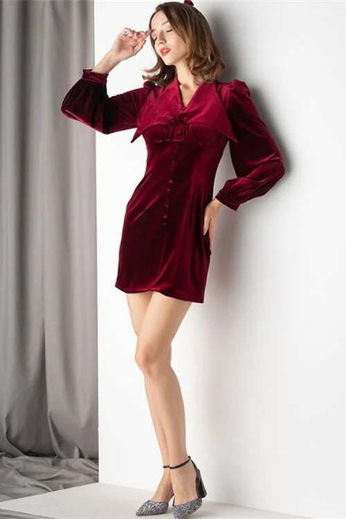 Bargain Prices one-shoulder dressBurgundy Velvet Mini Dress