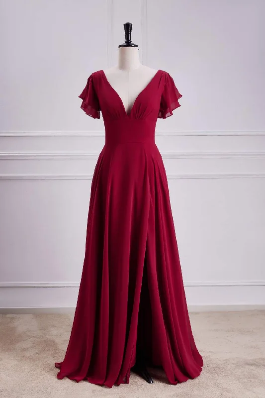 Unmissable Offer casual summer dressRed Flaunt Sleeves V Neck A-line Long Bridesmaid Dress with Slit Unmissable Offer casual summer dressRed Flaunt Sleeves V Neck A-line Long Bridesmaid Dress with Slit
