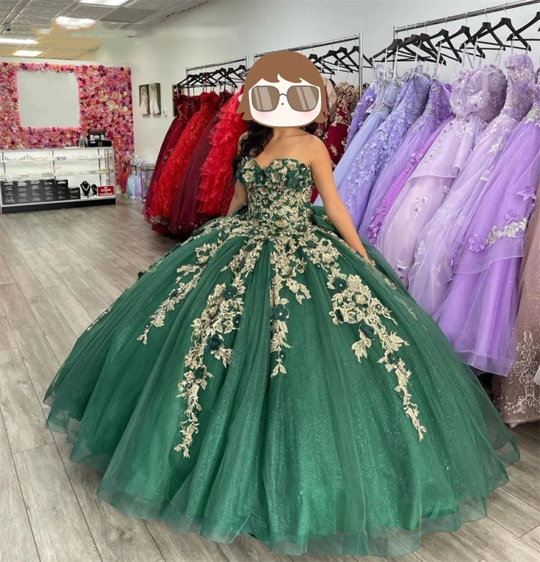 Seasonal Clearance printed dressGreen Swetheart Quinceanera Dresses Birthday Prom 3D Flowers Ball Gown Y4437