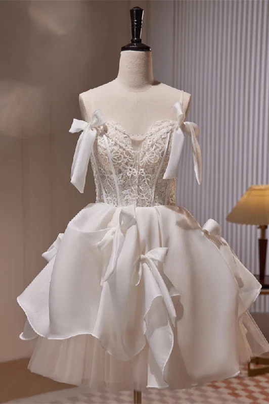 Quick Sale evening dressIvory Straps Bows Lace Top Ruffle Tulle Homecoming Dress