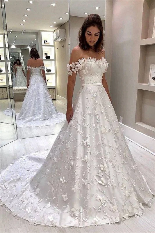 Online Exclusive Classic White Strapless Off the shoulder Court Train Princess Wedding Dress