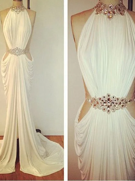 Savings Event Sexy Prom Dresses Sheath Column High Neck Rhinestone Long White Prom Dress JKL522