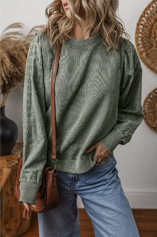 Referral Discount simple hoodiebreathable gym hoodieEyelet Round Neck Long Sleeve Sweatshirt