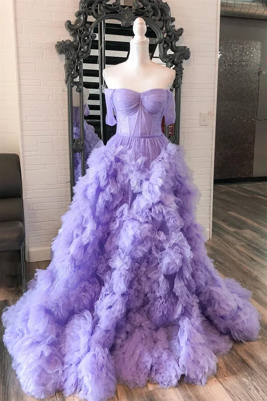 Savings Bonanza flowy maxi dressLavender Off-Shoulder Ruffled Layers A-line Long Prom Dress