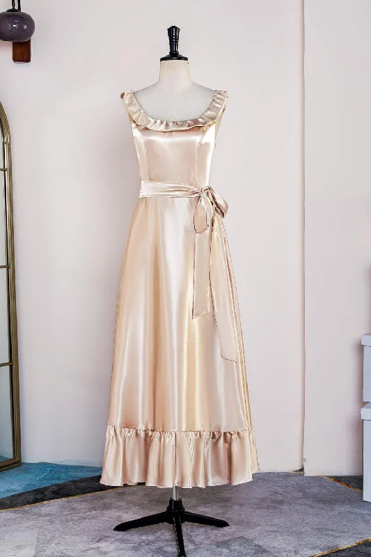 Deal of the Day relaxed fit dressChampagne Ruffled Sleeveless Tea-Length Bridesmaid Dress with Sash Deal of the Day relaxed fit dressChampagne Ruffled Sleeveless Tea-Length Bridesmaid Dress with Sash