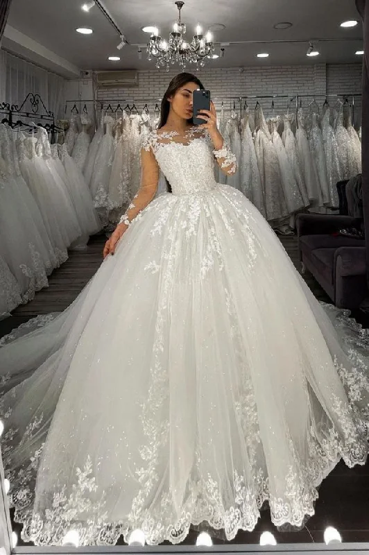 Now or Never Long Sleevess Lace Appliques Tulle Wedding Gown White Garden Aline Spring Bridal Gown
