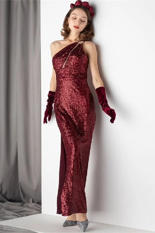 Amazing Deals casual summer dressOne Shoulder Burgundy Sequined Dress