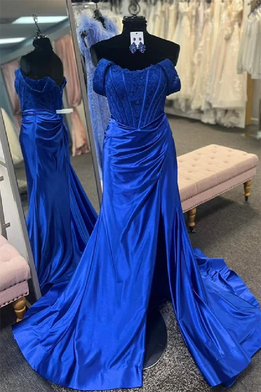 Limited Time Offer backless dressRoyal Blue Off-Shoulder Mermaid Floral Satin Long Prom Dress with Slit