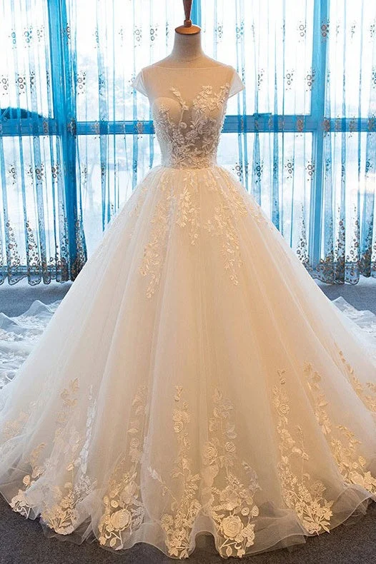 Clearance Sale flowy dressChic A-Line Cap Sleeves Appliques Tulle Wedding Dress