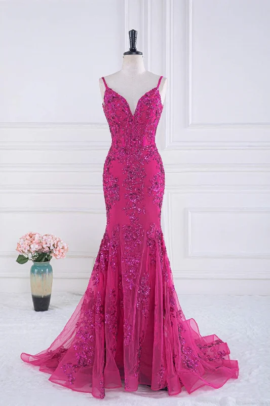 Exclusive Access statement dressFuchsia V Neck Sequined Mermaid Slip Long Prom Dress