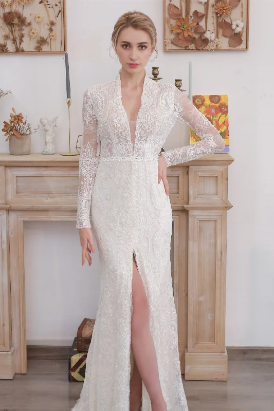 Don't Miss flowy maxi dressModest High Neck Long Wedding Dress with Slit