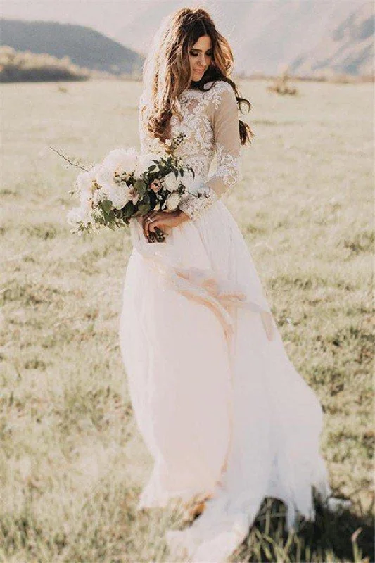 Savings Event Long Sleevess Floor Length Applique Tulle A Line Scoop Wedding Dresses