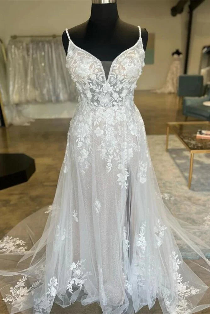 Low Prices casual midi dressTulle A-Line V-Neck Spaghetti Straps With Side Slit Wedding Dress Low Prices casual midi dressTulle A-Line V-Neck Spaghetti Straps With Side Slit Wedding Dress