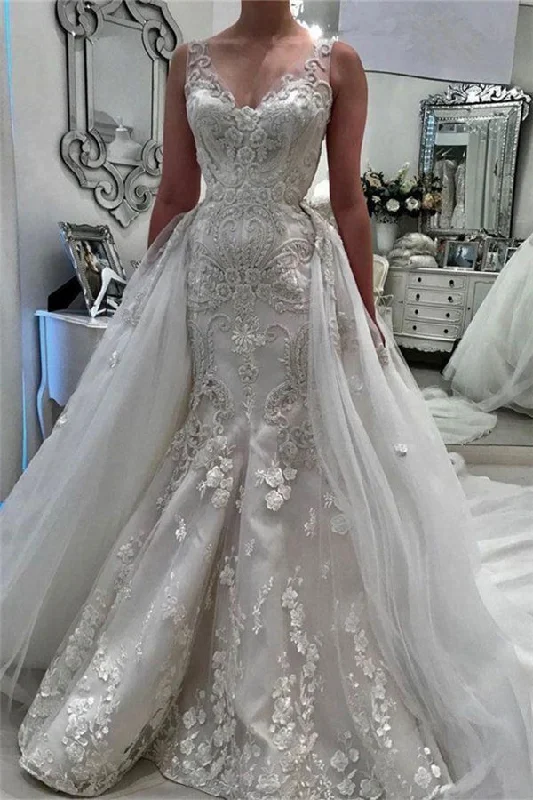 Deal Alert Stunning V Neck Sleeveless Ruffless Lace Appliques Wedding Bridal Gowns