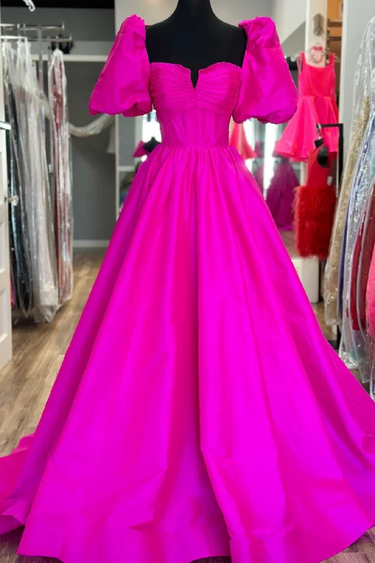 Value Deals casual evening dressFuchsia Puff Sleeves Ruffle A-line Long Prom Dress