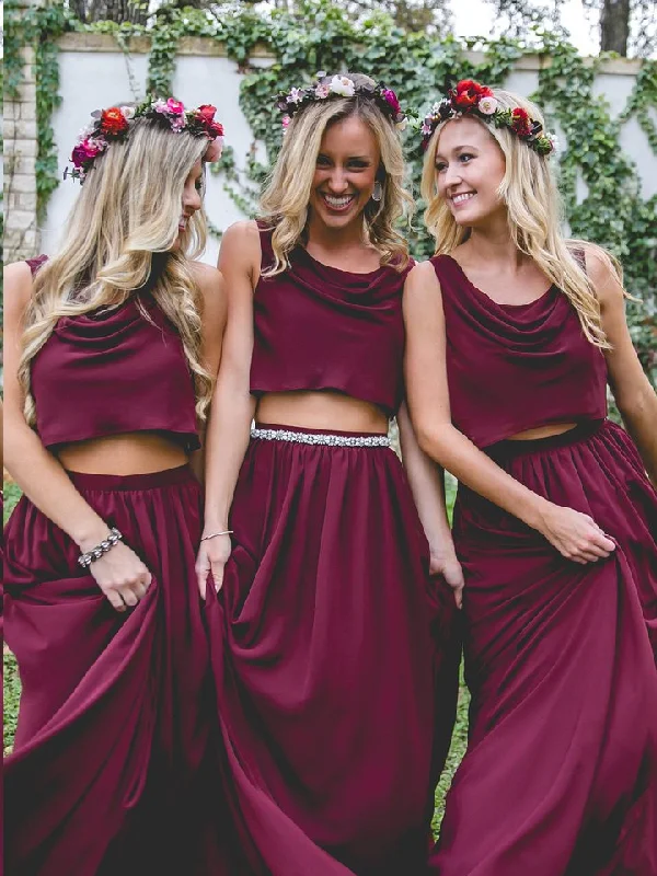 Markdowns Two Piece Bridesmaid Dresses Bohemia A Line Burgundy Long Chiffon Cheap Bridesmaid Dresses JKB080