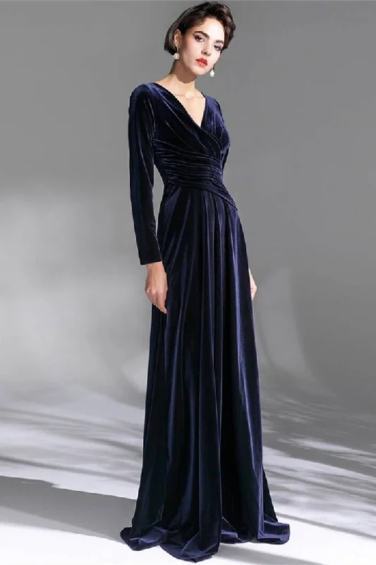 Crazy Savings printed dressLong Sleeves Navy Blue Velvet Dress