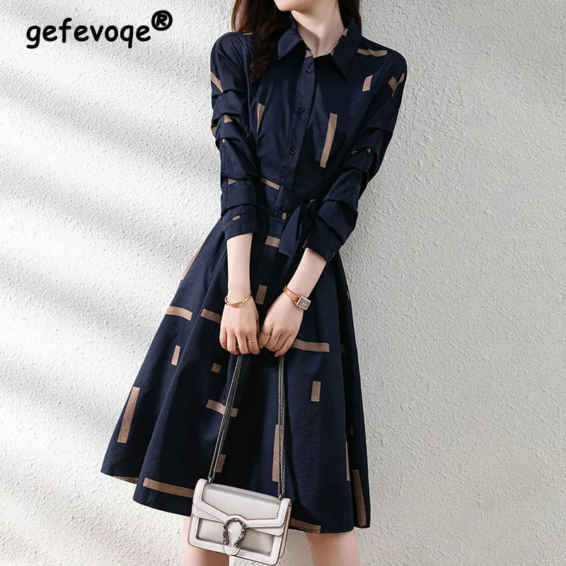 Price Drop long coatElegant Fashion Geometric Printed Belt Dresses Spring 2023 Long Sleeve Polo-neck Loose Tunic Pullover Midi Dress Female Clothing