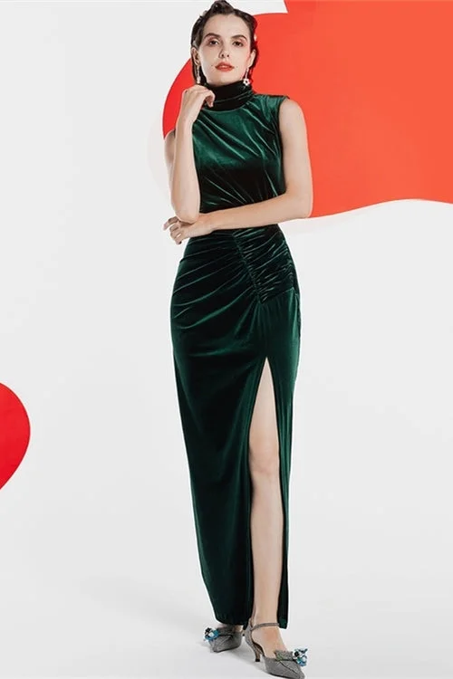 Crazy Deals vintage dressHigh Neck Dark Green Velvet Dress