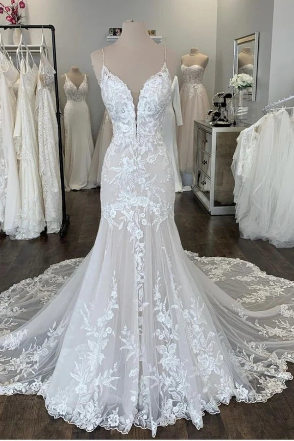 Stock Clearance trendy mini dressMermaid Spaghetti Straps Empire Long Lace Wedding Dress