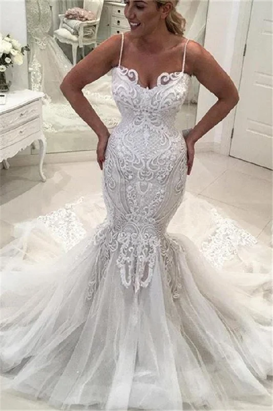 Act Now Charming Spaghetti Straps Lace Wedding DressesNew Arrival Mermaid Long Tulle Bridal Gowns