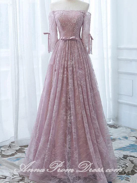 Last Chance Long Prom Dresses Off-the-shoulder Aline Floor-length Lace Tulle Pink Prom Dress JKL584