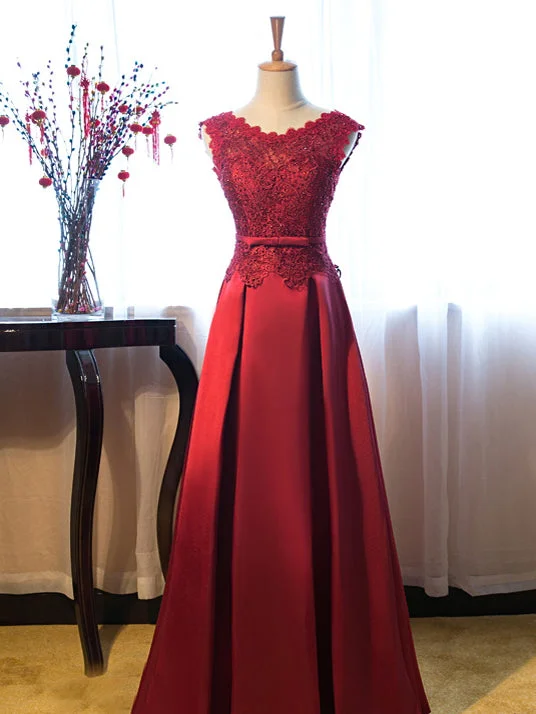 Buy More, Save More Burgundy Prom Dresses Scoop A-line Floor-length Lace-up Satin Lace Prom Dress JKL494