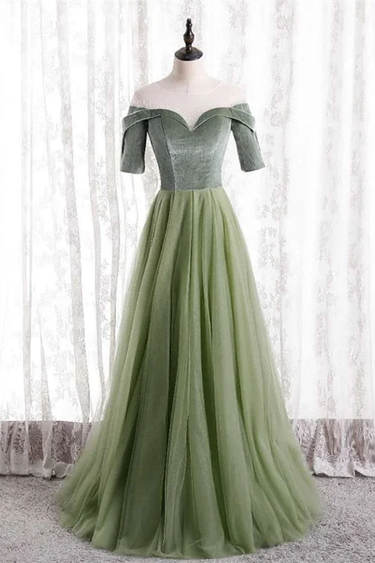 Exclusive Savings chic dressDusty Sage Beaded Illusion Neck Off-the-Shoulder Long Formal Dress with Sleeves