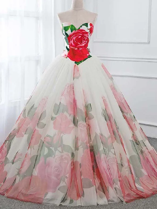 Clearance Event Ball Gown Prom Dresses Sweetheart Rose Floral Print Prom Dress Sexy Evening Dress JKL1492