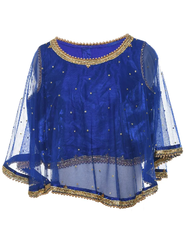 Bargain Bin stylish raincoatBlue & Gold Sparkly Sheer Evening Top - L
