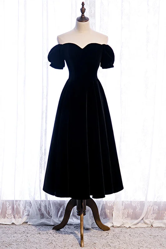 Best Bargains velvet dressBlack Off-the-Shoulder Puff Sleeves Sweetheart Velvet Midi Formal Dress