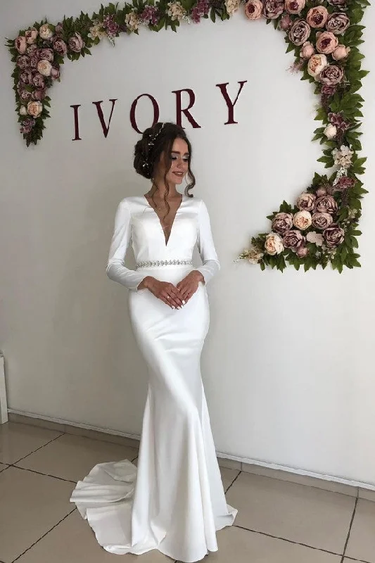 Act Fast Simple Shining White V neck Mermaid Pearl Belt Court Train Open back Bridal Gown