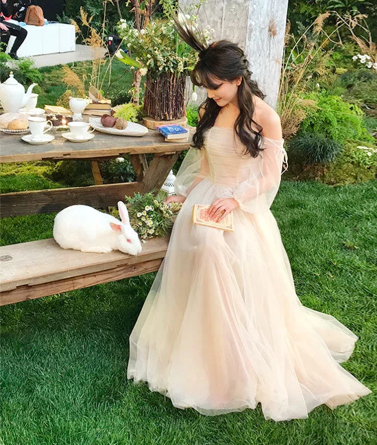 Special Promotion vintage dressChampagne tulle long prom dress, champagne tulle evening dress Y257