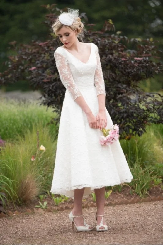 Seasonal Clearance AmazingWhite 2/3 sleeves V neck Short Garden Wedding Dress