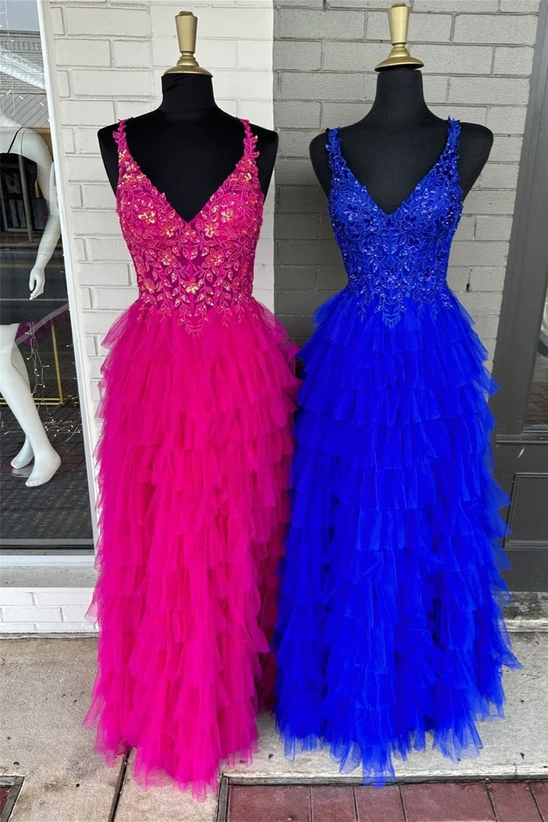 Get It Before It’s Gone v-neck dressV-Neck Spaghetti Straps Empire Lace Appliques Tiered Prom Dress