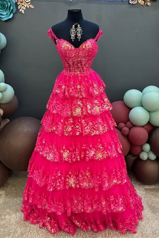 Savings Event denim dressFuchsia Sequined Off-Shoulder A-line Layers Long Prom Dress