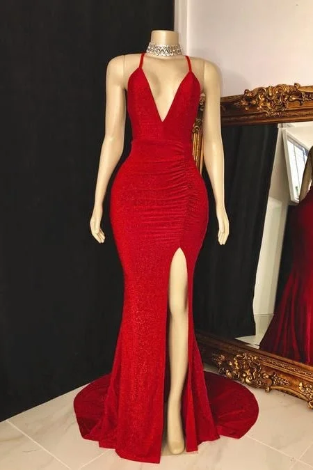 Buy Now chic slip dressLow V-Neck Halter Mermaid Formal Prom Dress For Black Girls