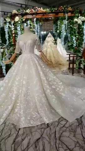 Holiday Sale Luxury Lace Wedding Dresses Scoop Half Sleeves Appliques Ball Gown