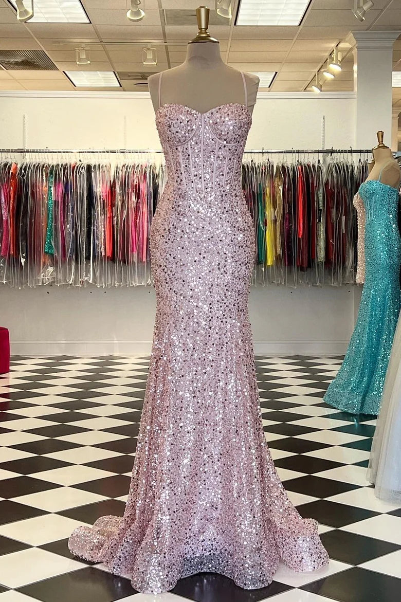 One-DAY Sale elegant maxi dressSweetheart Spaghetti Straps With Train Sequins Party Prom Dress