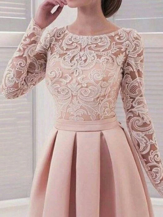 Super Deal Long Sleeve Homecoming Dresses Lace A Line Simple Short Prom Dress Party Dress JK718